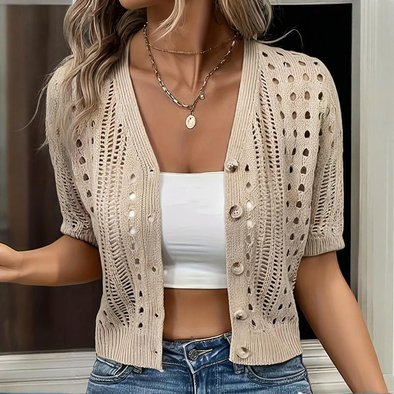 Women's V-Neck Lace Knit Cardigan Short Sleeve Open Front Semi-Sheer Cover-Up For Spring Summer Fall Layering